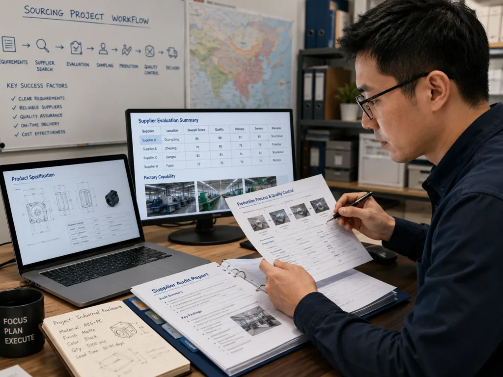 Engineer reviewing production details and supplier records during a sourcing project