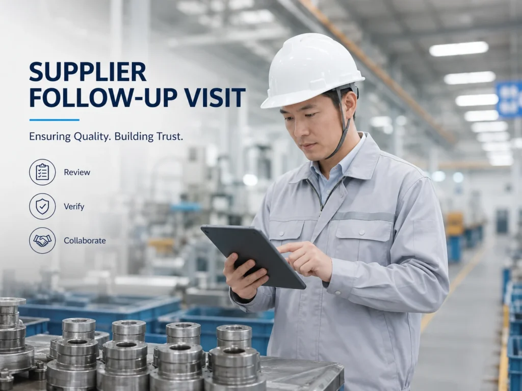Factory worker checking production details during a supplier follow-up visit in China