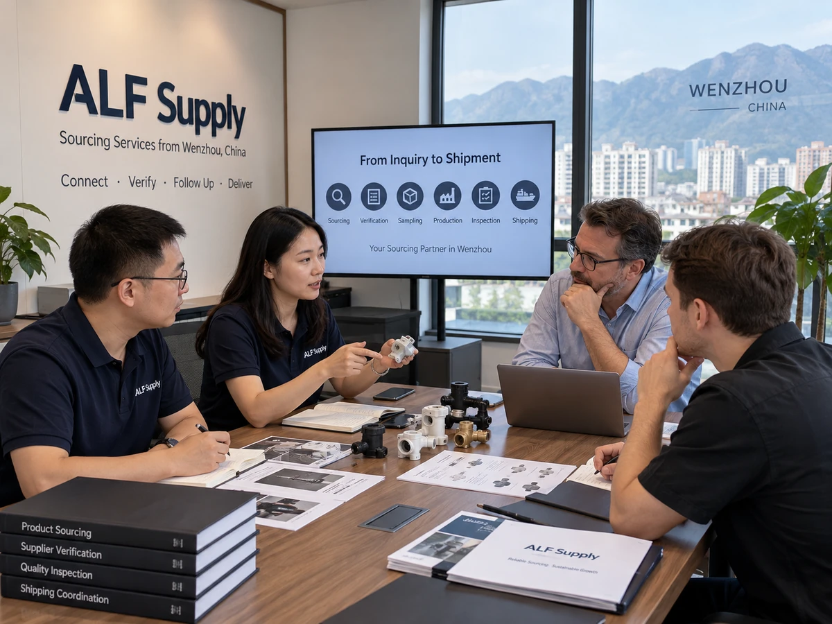 ALF Supply sourcing team reviewing supplier information and product samples in Wenzhou