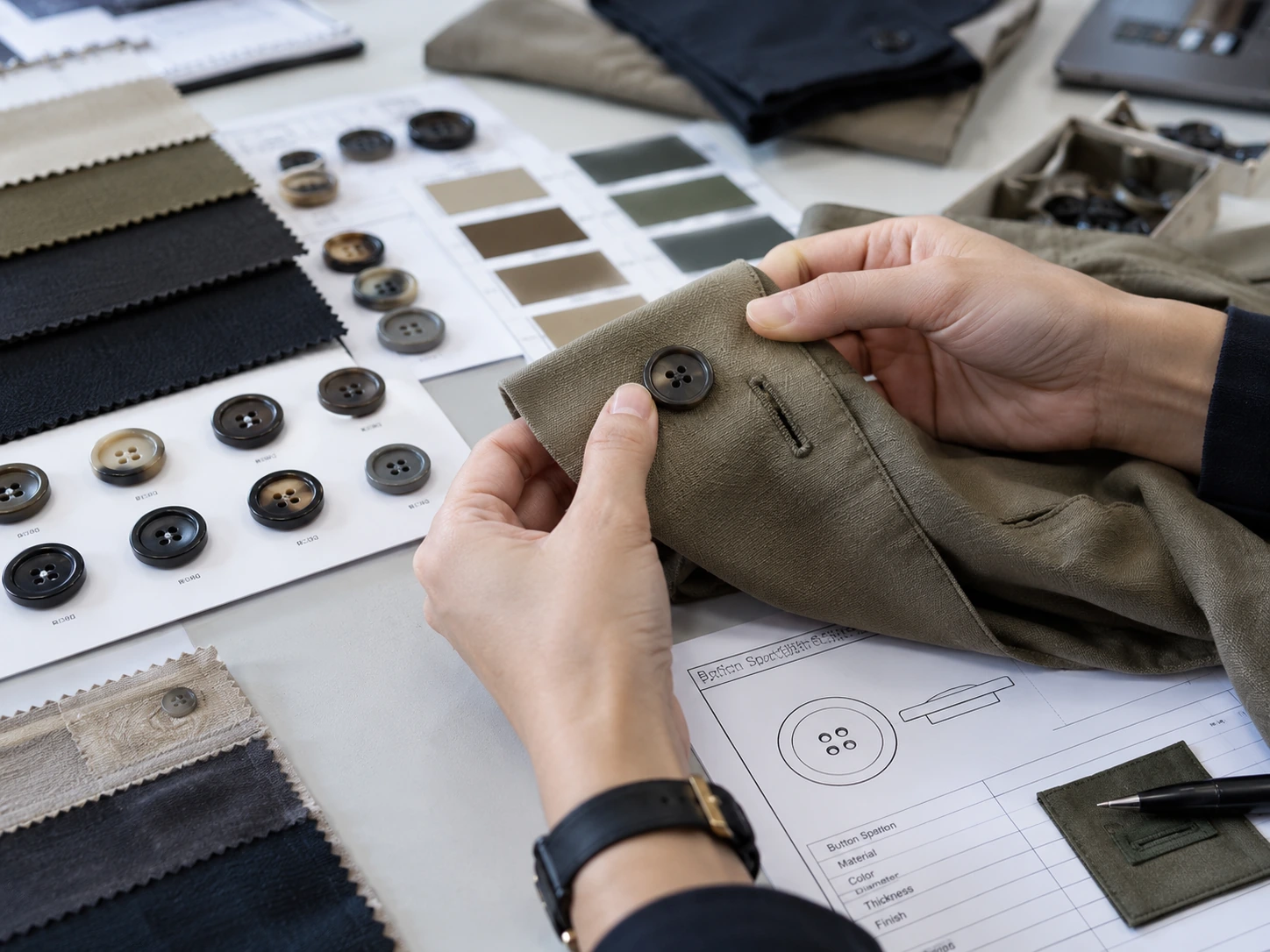 Button fit and color reference review Button and fabric fit review with color cards and garment reference