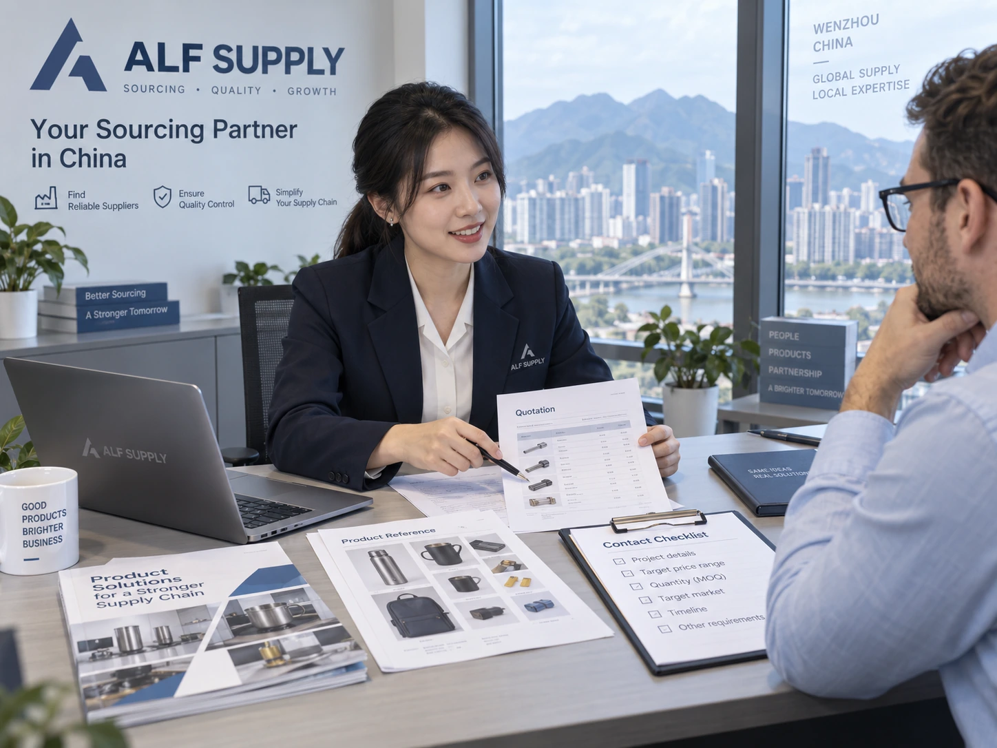 Contact ALF Supply hero image ALF Supply sourcing consultation in the Wenzhou office with buyer documents and contact checklist