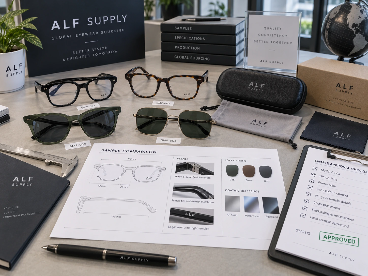 Eyewear sample version control Eyewear sample comparison with frame details, lens options, packaging and approval checklist