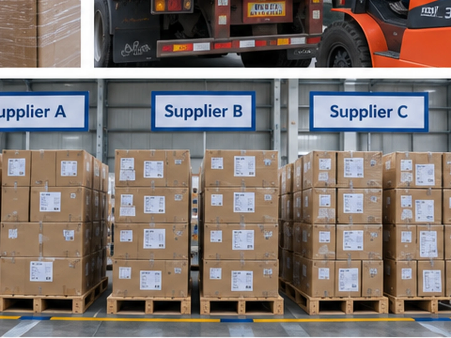 Multi-supplier consolidation records Palletized cartons separated by supplier for shipment consolidation